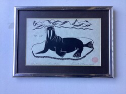 Kanadai inuit nyomat - Rozmár a Jégen , Enook Manomie aláírásával és lepecsételésével .