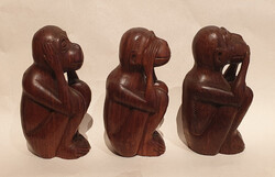 Trópusi keményfából faragott „Három bölcs majom” - Kikazaru, Mizaru, Iwazaru – japán szimbolika