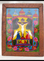 Antik erdélyi üveg ikon ,fa keretben :Krisztus a kereszten 19 sz vége