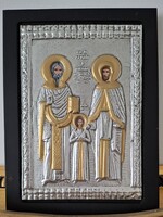 Fém görög ortodox ikon fa talppal „Szentek Rafael, Miklós és Iréne” 24x17cm – Leszbosz