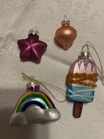 Retró üveg  karácsonyi dísz, 4 db. szív, jégkrém, szivárvány, csillag.