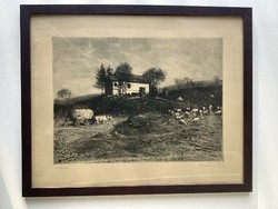 Kórusz József ( 1927 - 2010 ) Tanya című rézkarca , üvegezett kertben .