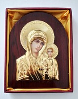 Aranyozott Mária és gyermeke Ortodox ikon  , gyönyörű darab  18 x 14 cm kézi fém munka , díszdoboz