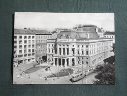Képeslap,Szlovákia,Bratislava,Pozsony,villamos,nemzeti színház,városi látkép,részlet,1960-