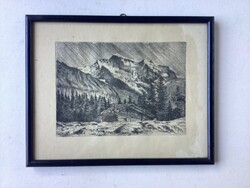 Házikó a hegylábánál , rézkarc , üvegezett kertben .