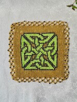 Antik arany-zöld gyöngy kis terítő régi különleges kézimunka