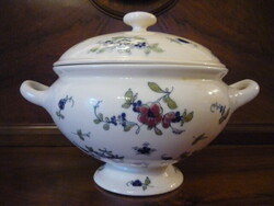 Antik Zsolnay, virág mintás, családi címeres leveses tál 220110
