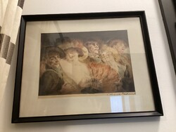 Prihoda István 1891-1965 Mulatozók akvarellel színezett rézkarc