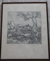 Badacsonyi Sándor black and white etching - hunters - hunting scene