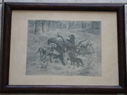 Vadász jelenet fekete fehér rézkarc