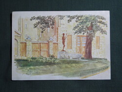 Képeslap,Pécs,Aranyoskút tér látkép,Paál László grafika,Rákóczi nyomda kiadás, 1947-