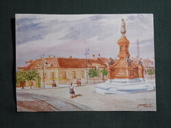 Képeslap,Pécs,Ipartestület,Zsolnay szobor látkép,Paál László grafika,Rákóczi nyomda kiadás, 1947-