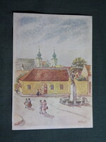 Képeslap,Pécs,Flórián tér,szobor látkép,részlet,Paál László grafika,Rákóczi nyomda kiadás, 1947-