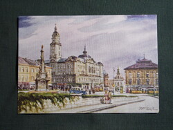 Képeslap,Pécs,Széchenyi tér,városháza látkép,Paál László grafika,Rákóczi nyomda kiadás, 1947-