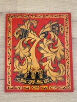 Vintage szovjet/orosz fa falikép – Hohloma stílusú népművészeti kép (Leningrád)