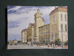 Képeslap,Pécs,Központi egyetem épület,Paál László grafika,Rákóczi nyomda kiadás, 1947-