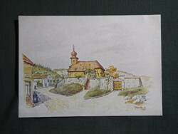 Képeslap,Pécs,Mindenszentek templom látkép,Paál László grafika,Rákóczi nyomda kiadás, 1947-