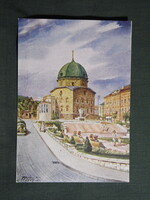 Képeslap,Pécs,Széchenyi tér,Belvárosi templom,Paál László grafika,Rákóczi nyomda kiadás, 1947-