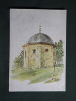 Képeslap,Pécs,Idrisz Baba Türbéje látkép,részlet,Paál László grafika,Rákóczi nyomda kiadás, 1947-