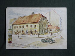 Képeslap,Pécs,Kórház tér,Korona vendéglő,villamos,Paál László grafika,Rákóczi nyomda kiadás, 1947-