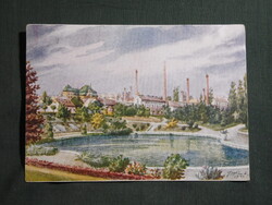 Képeslap,Pécs,Balokány tó,Zsolnay gyár,Paál László grafika,Rákóczi nyomda kiadás, 1947-