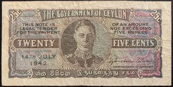 Ceylon (Sri Lanka) 25 Cent 1942 P-44a VF-