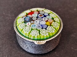 Régi ezüstözött Muránói millefiori üveg betétes szelence