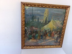 Antik festmény Husovszky János magyar festő 1883-1961 Piac a főtéren keretben 580 6201