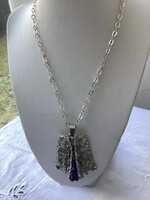 Vintage lapislazulit gyöngyös ezüst színű medál és hosszú nyaklánc