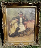 Kovács F. festmény. Bor, pipa, suba, kutya / magyar juhász.