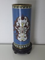 Régi nagyméretű kék színű art deco tűzzománc henger váza 27.5 cm Cloisonne váza