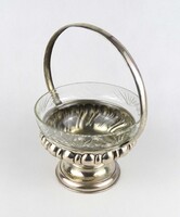 1Y061 Antik csiszolt üvegbetétes ezüst kosár asztalközép 217 g