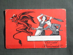 Képeslap,grafikai,művészet,ünnep,mikulás,krampusz,vicc,humor,1930-