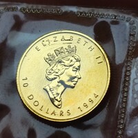 1/4 uncia Kanadai Juharlevél  (Maple Leaf) 10 dolláros aranyérme, 0,9999 "Arany Juharlevél" 1994