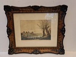 Eredeti Gross Arnold (1929-2015) Aranyos völgye színes rézkarc szignózott eredeti keretben RITKASÁG