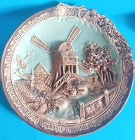 Nagy  falitál , tájkép szélmalommal , festett gipsz