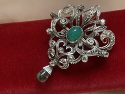Antique Gold-Set Silver Pendant with Old Cut Diamonds, Peridot, and Aventurine