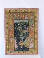 Antik indiai festett színes vászon hindu hinduizmus Krisna gopik kép keretben India 871 6277
