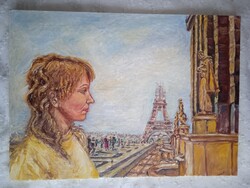 Kortárs festmény : A KÖDÖS Eiffel TORONYNÁL - Olaj, vászon - 50 cm x 70 cm lakkozva!!!