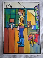 Kortárs Ólomüveg festmény -  Adrienn - 2010 - 70 cm x 50 cm - gouache, papír -