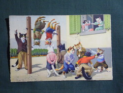Képeslap,Eugen Hartung grafika,állatok,cica,macska,tornaóra, 1940-
