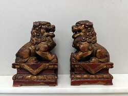 Antik kínai igényesen faragott fa buddha buddhista színezett 2 db foo fo kutya szobor 355 6287