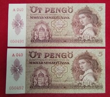 5 Pengő 1939 2db sorszámkövető UNC.