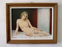 Akt  * Nívós olajfestmény. 30x40 cm * Hüse J. * Jegyzett *