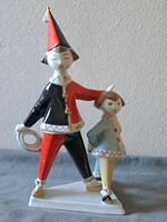 Art deco Hollóházi bohóc gyerekkel porcelán figura