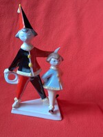 Ritkább festésű art deco Hollóházi bohóc gyerekkel porcelán figura