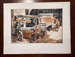 Jurida Károly - Műanyagfeldolgozás ( szocreál színezett rézkarc ) .