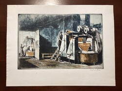 Gulyás Dénes - Festékgyártás ( szocreál színezett rézkarc ) .