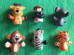 Ujjbáb! 6 darab cuki retró műanyag báb: majom, elefánt, zsiráf, tigris, zebra és egy kalapos panda