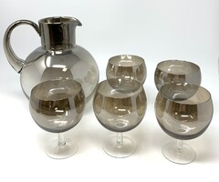 Dekoratív tükörfoncsorozott üveg boros készlet, hasas kancsó, 5db talpas pohárral﻿ RZ